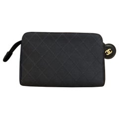 1990s Vintage Chanel Black Quilted Silk Satin Cosmetic Pouch (Modified) 