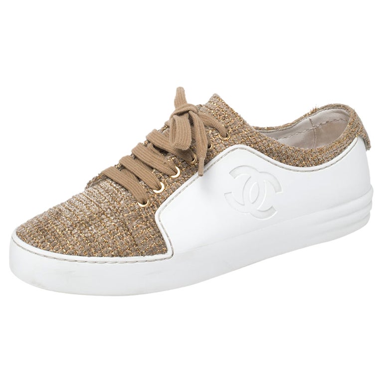 Chanel White/Gold Rubber And Tweed Fantasy Sneakers Size 37 at