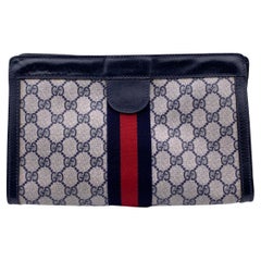 Gucci Vintage Blue Monogram Canvas Cosmetic Bag Clutch with Stripes