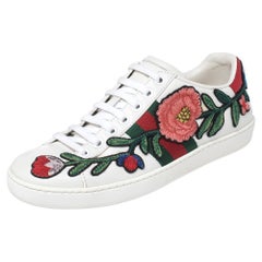 Gucci White Floral Embroidered Leather Ace Low Top Sneakers Size 35
