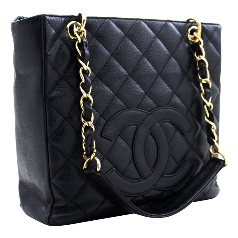 CHANEL Caviar PST Chain Shoulder Shopping Tote Bag Black Quilted