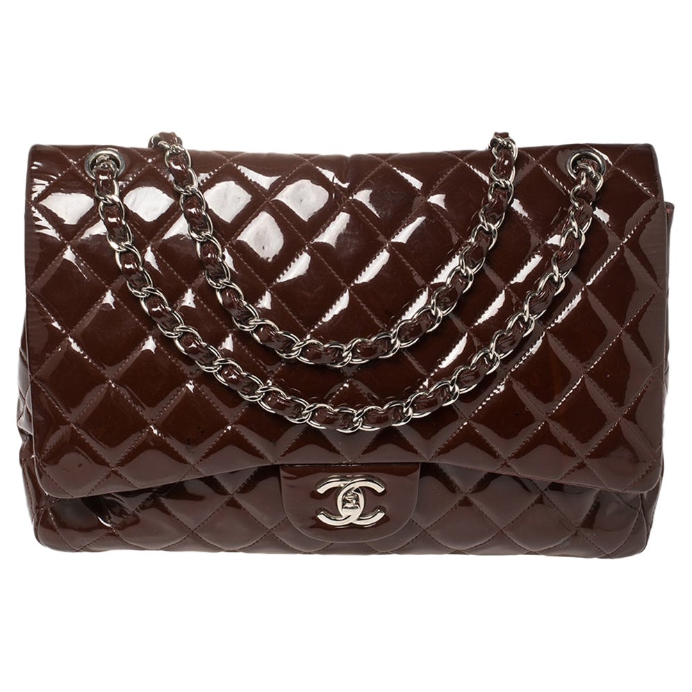 Chanel Maroon Quilted Patent Leather Maxi Classic Single Flap Bag