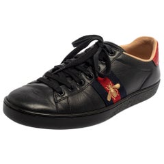 Gucci Black Leather Ace Bee Embroidered Web Low Top Sneakers Size 37.5