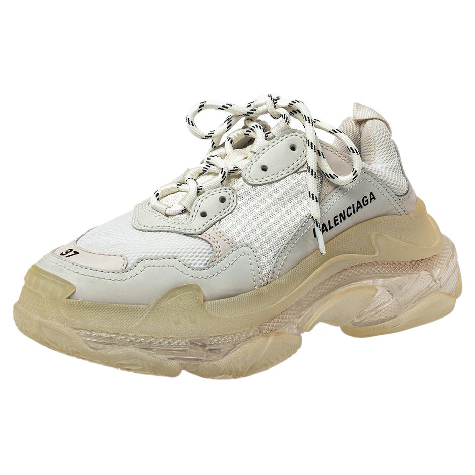 Balenciaga White Mesh And Leather Triple S Clear Sole Low Top Sneakers Size 37