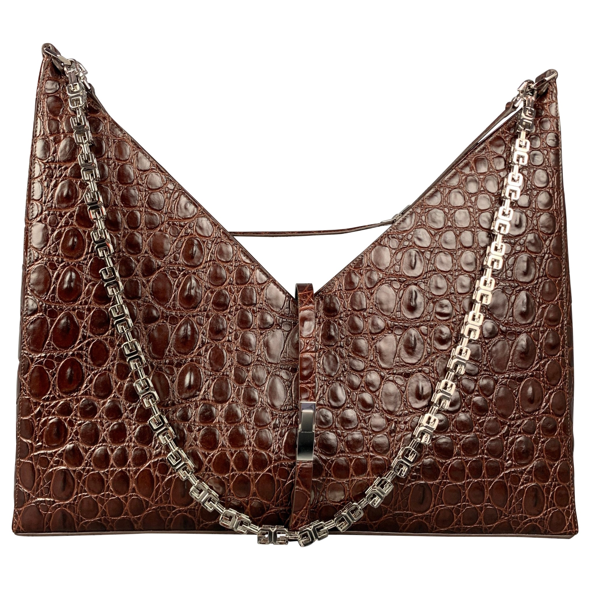 GIVENCHY Large Cut Out Bag Brown Embossed Croc Leather Shoulder Unisex Handbag