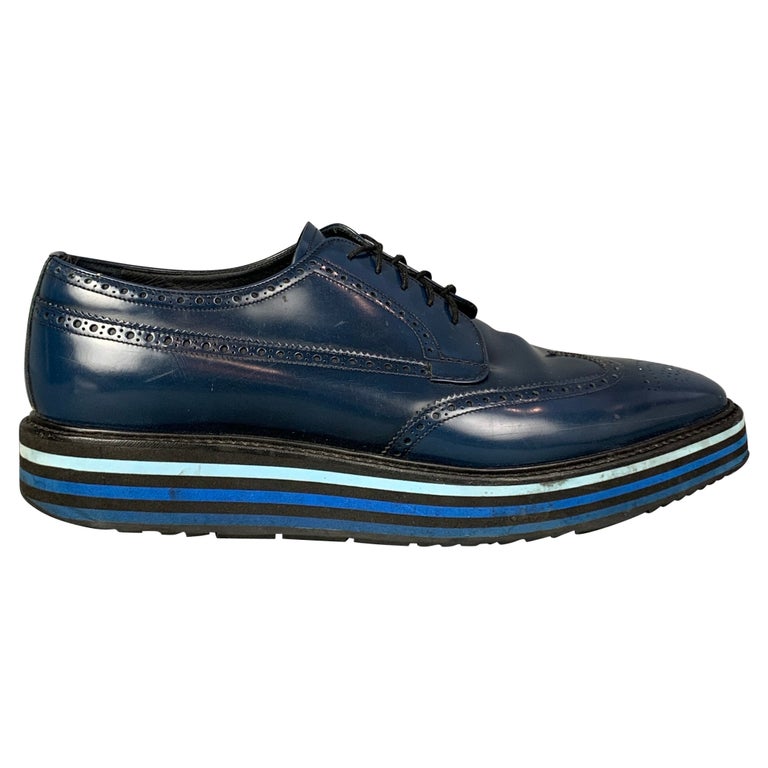 PRADA Size 13 Blue Perforated Leather Wingtip Lace Up Shoes at 1stDibs