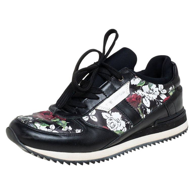 Dolce and Gabbana Black Leather Floral Print Low Top Size 38.5 at 1stDibs