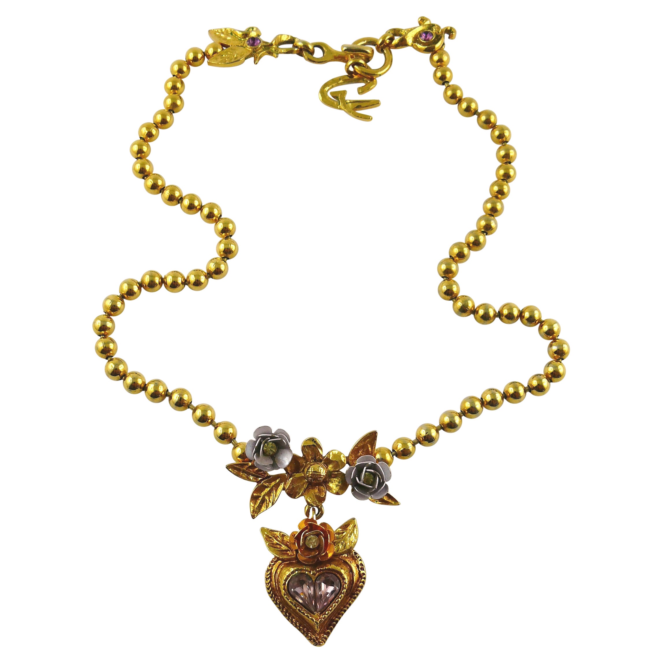 Christian Lacroix Vintage Gold Toned Jewelled Floral Heart Pendant Necklace For Sale