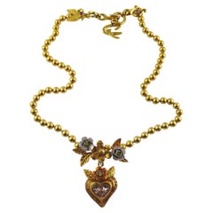 Christian Lacroix Vintage Gold Toned Jewelled Floral Heart Pendant Necklace