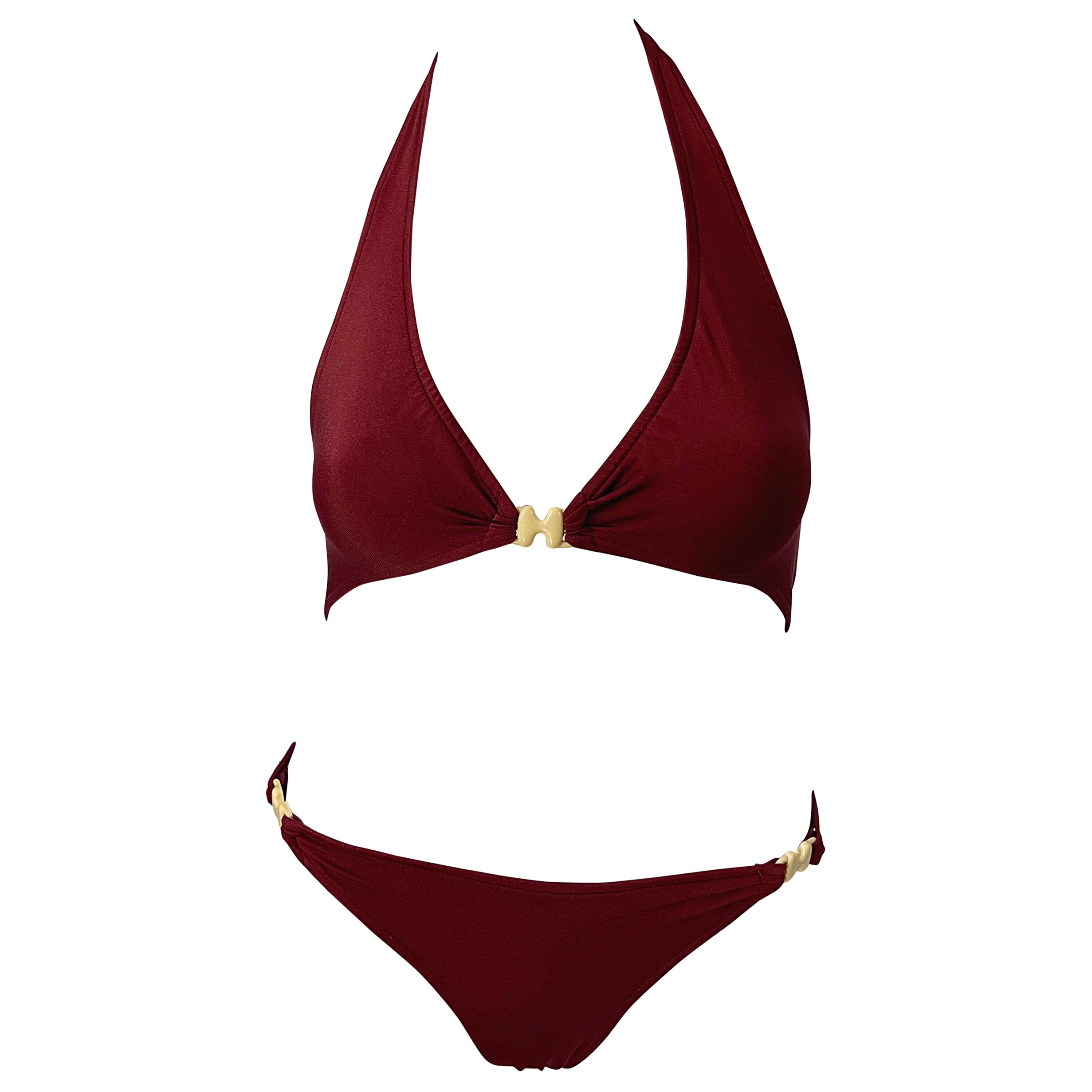 Bikini deux pièces vintage Halston des années 1970 marron rouille avec boucles en forme de H et logo