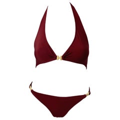 Halston, zweiteiliger Bikini-Badeanzug, braun, Rost, H-Logo-Schnallen, 1970er Jahre