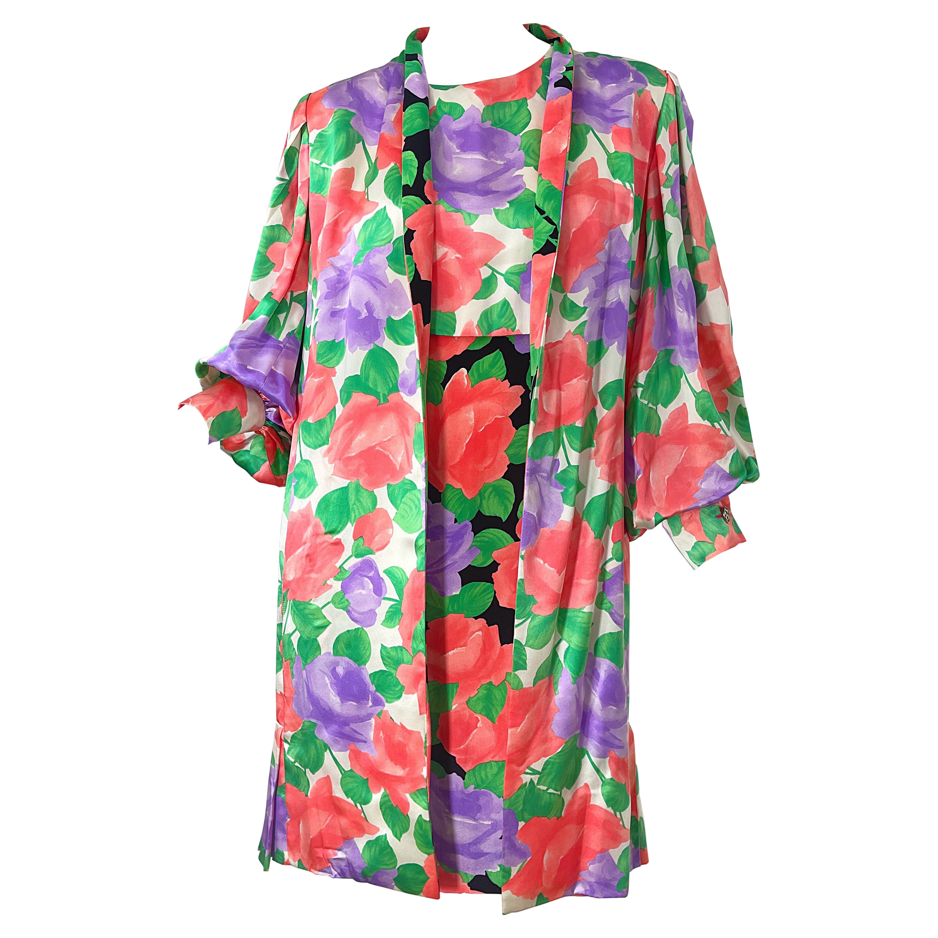 1980s James Galanos Rose Floral Print Silk Vintage 80s Dress + Swing Jacket