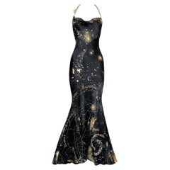 2003 Roberto Cavalli Black Silk Constellation Zodiac Gold Chain Mermaid Gown Dre