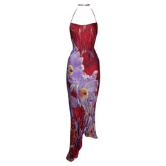 S/S 2000 Roberto Cavalli Laufsteg Rot & Lila Florales Asymmetrisches Maxikleid