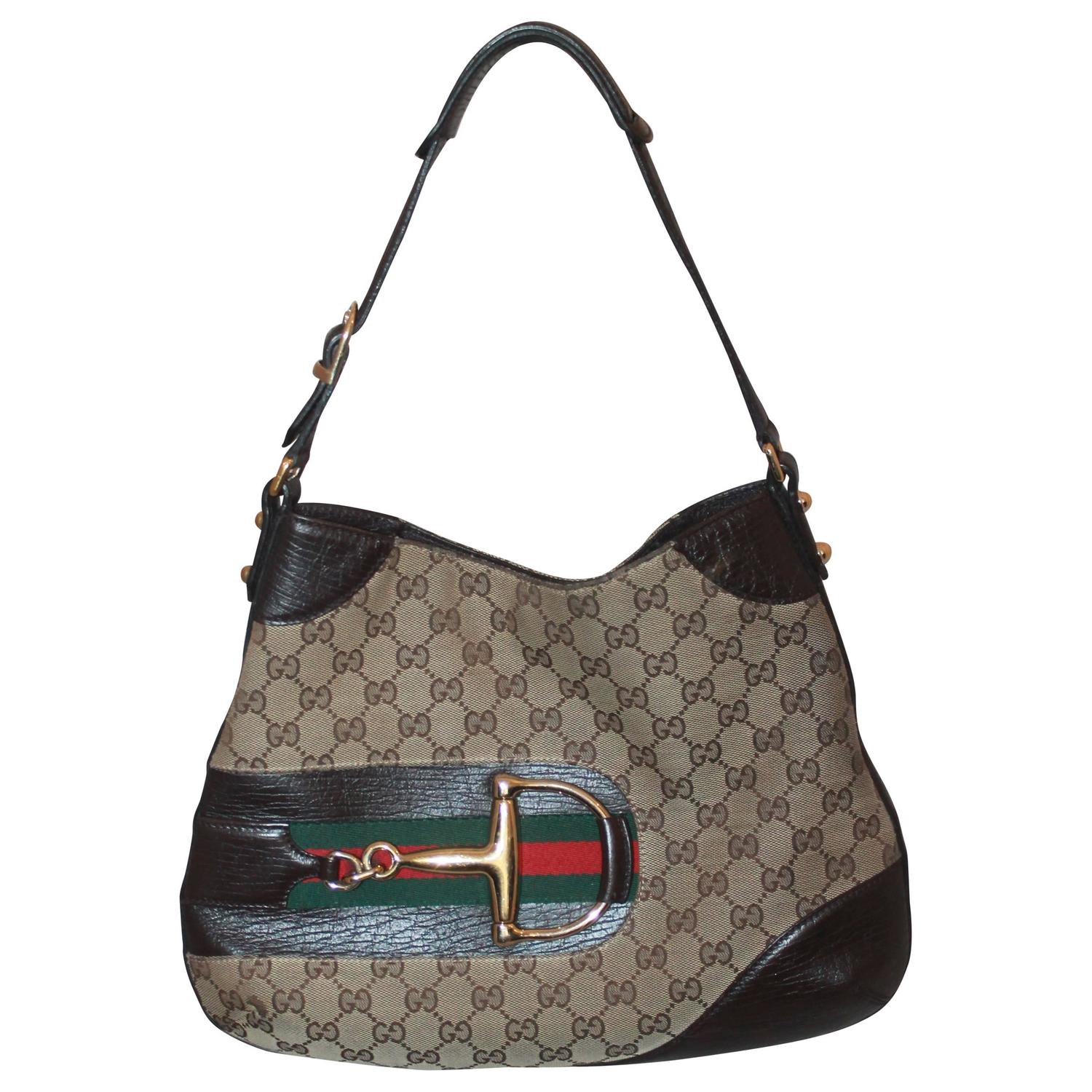 Gucci Brown Hasler Monogram Shoulder Bag w/ Horse Bit and Leather Trim - GHW For Sale at 1stdibs