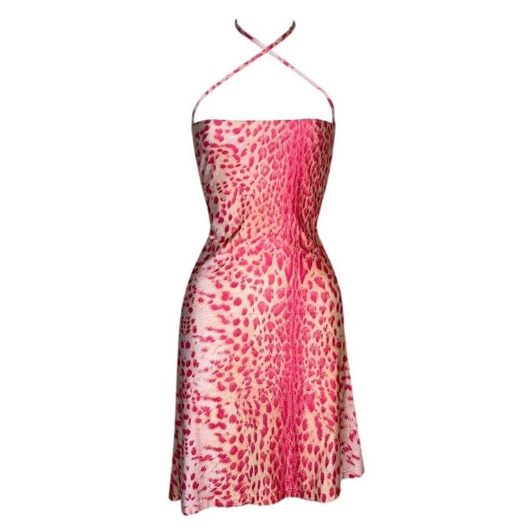 S/S 2001 Roberto Cavalli Pink Leopard Nylon Halter Mini Dress