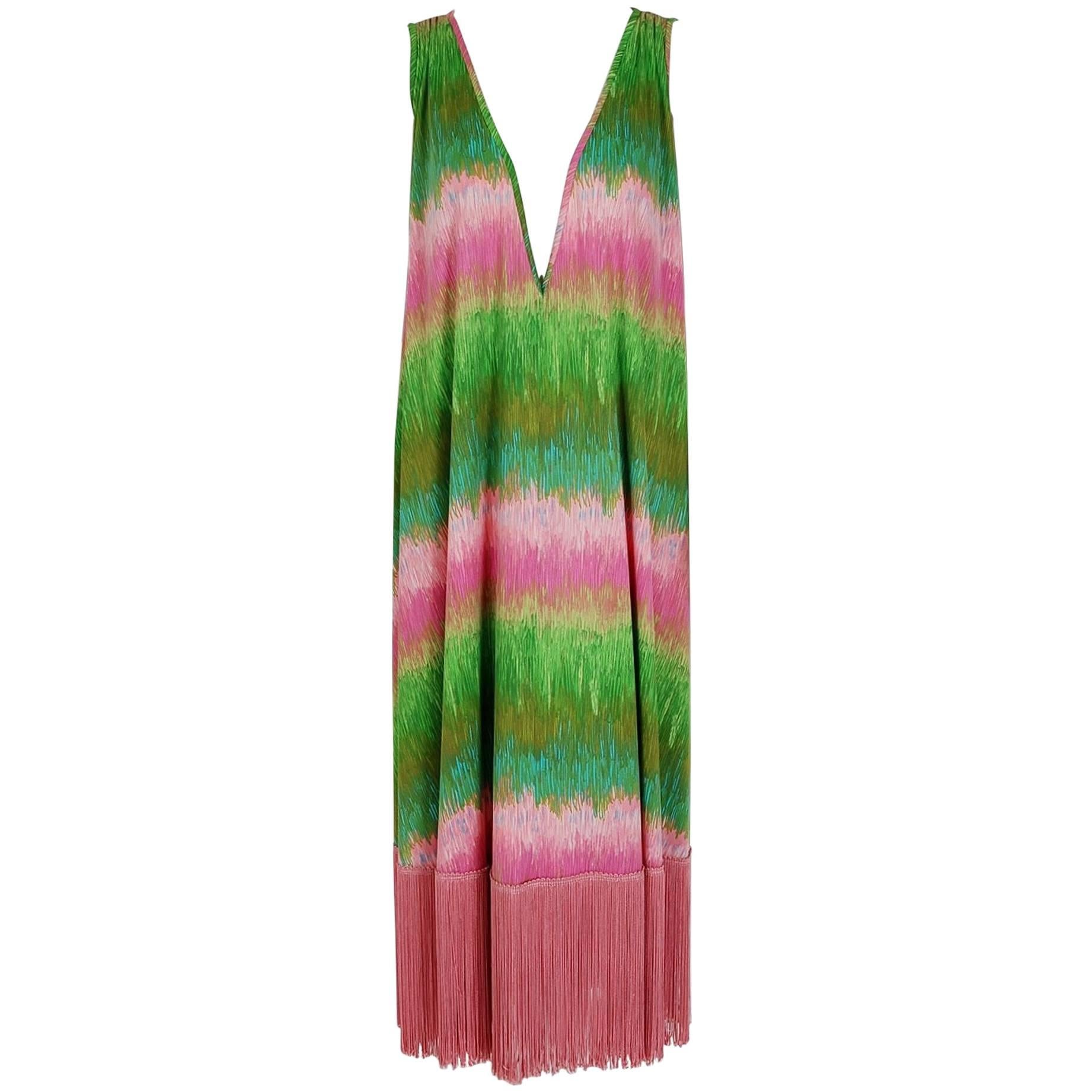 1970's Mr. Blackwell Green Pink Abstract Print Fringe Low-Plunge Caftan Dress 