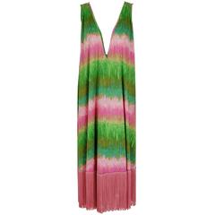 1970's Mr. Blackwell Green Pink Abstract Print Fringe Low-Plunge Caftan Dress 