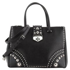 Prada Turnlock Double Zip Tote Studded Saffiano Leather Medium