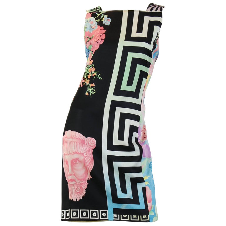 open lace back dress 1990s Gianni Versace Pastel & Black Wool Blend Sateen Tropical Floral Dress with Classical Greek Designs
