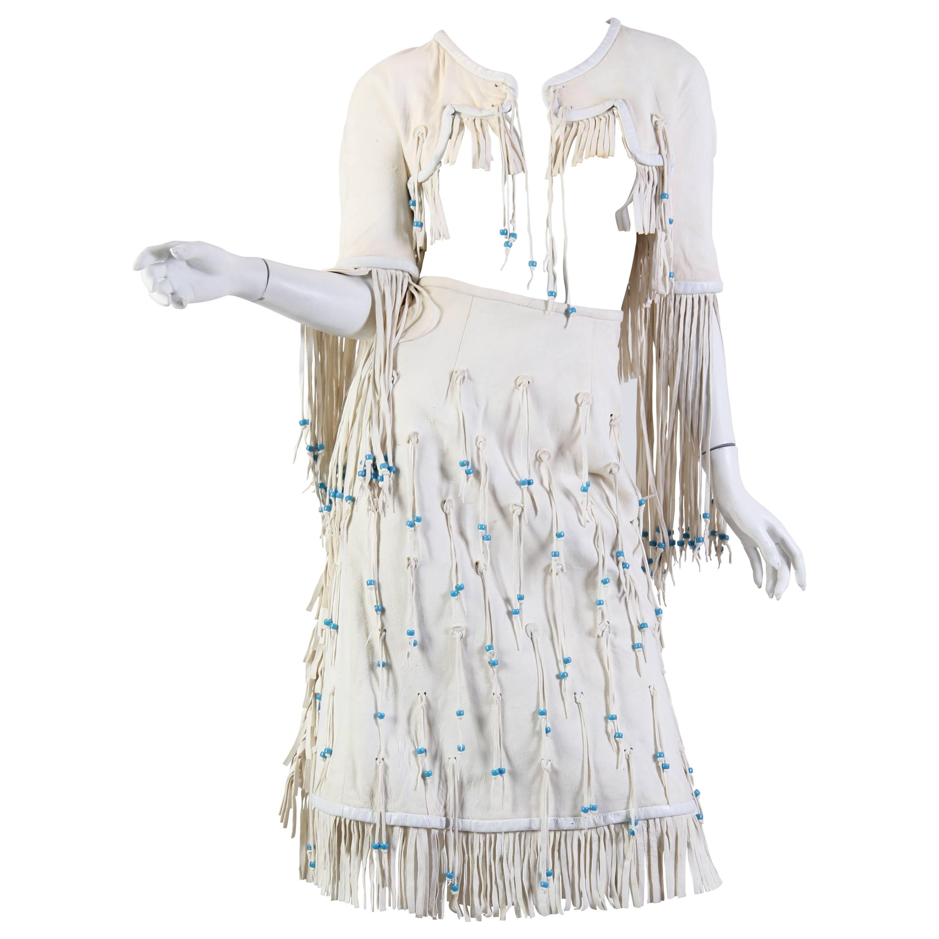 1970S GIORGIO SANT'angelo Off White Suede Fringed Skirt & Cropped Jacket Ensemb