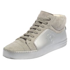 Chanel Grey/Silver Suede and Rubber CC High Top Sneakers Size 38.5