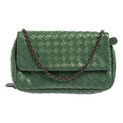 Bottega Veneta Green Intrecciato Leather Flap Chain Crossbody Bag