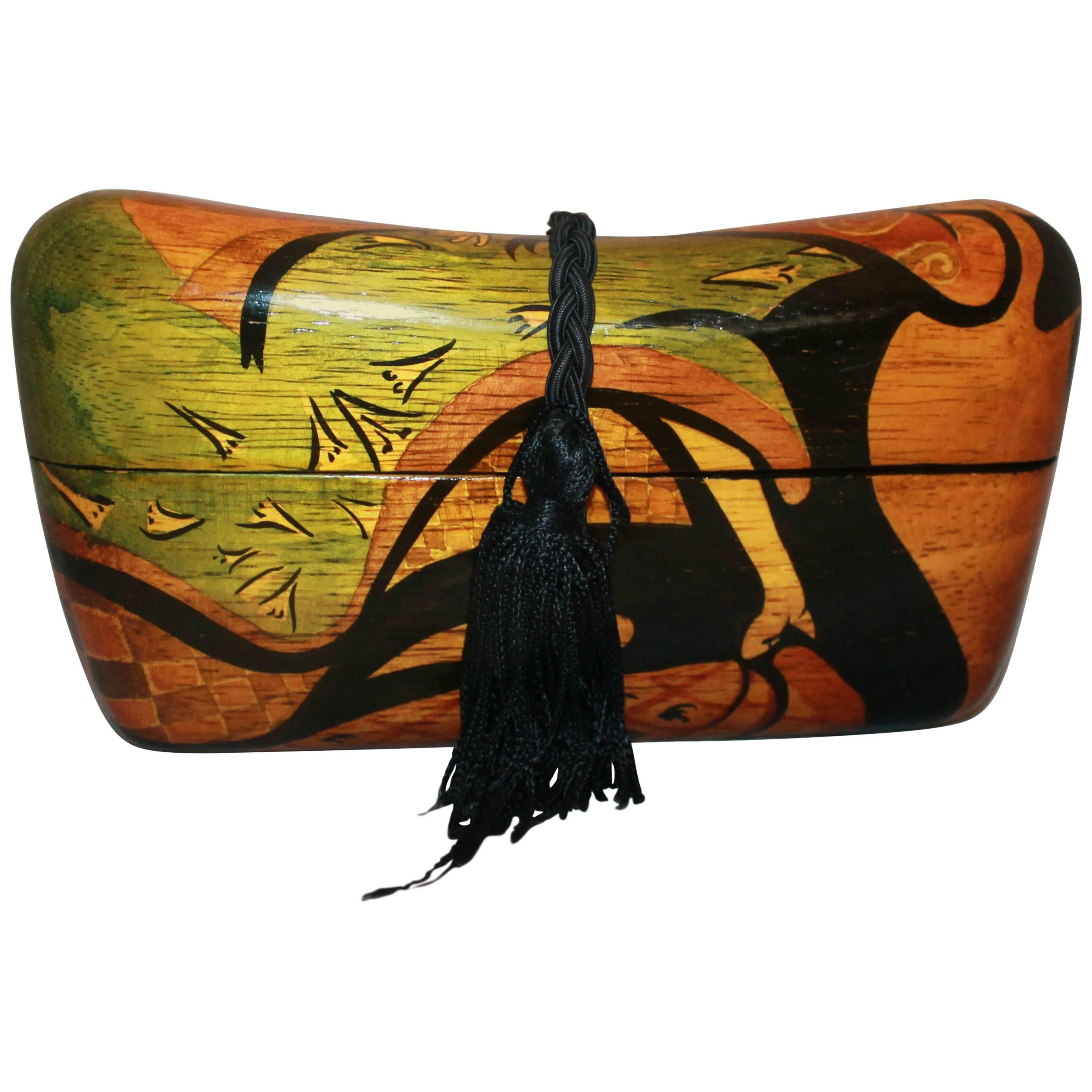 Rafael Sanchez Wooden Clutch w/ Abstract Painted Design & Black Tassel Cinch