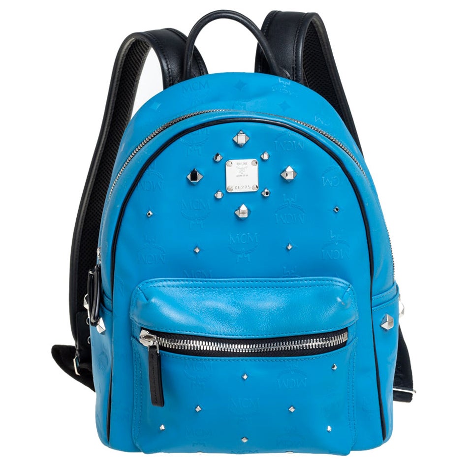 MCM Silver Canvas Monogram Black Crystal Studded Mini Backpack Bag at