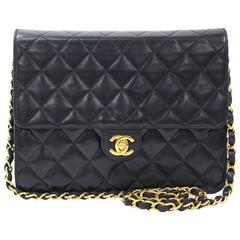 Chanel Black Lambskin Leather Quilted Gold HW Chain Flap Crossbody Shoulder Bag
