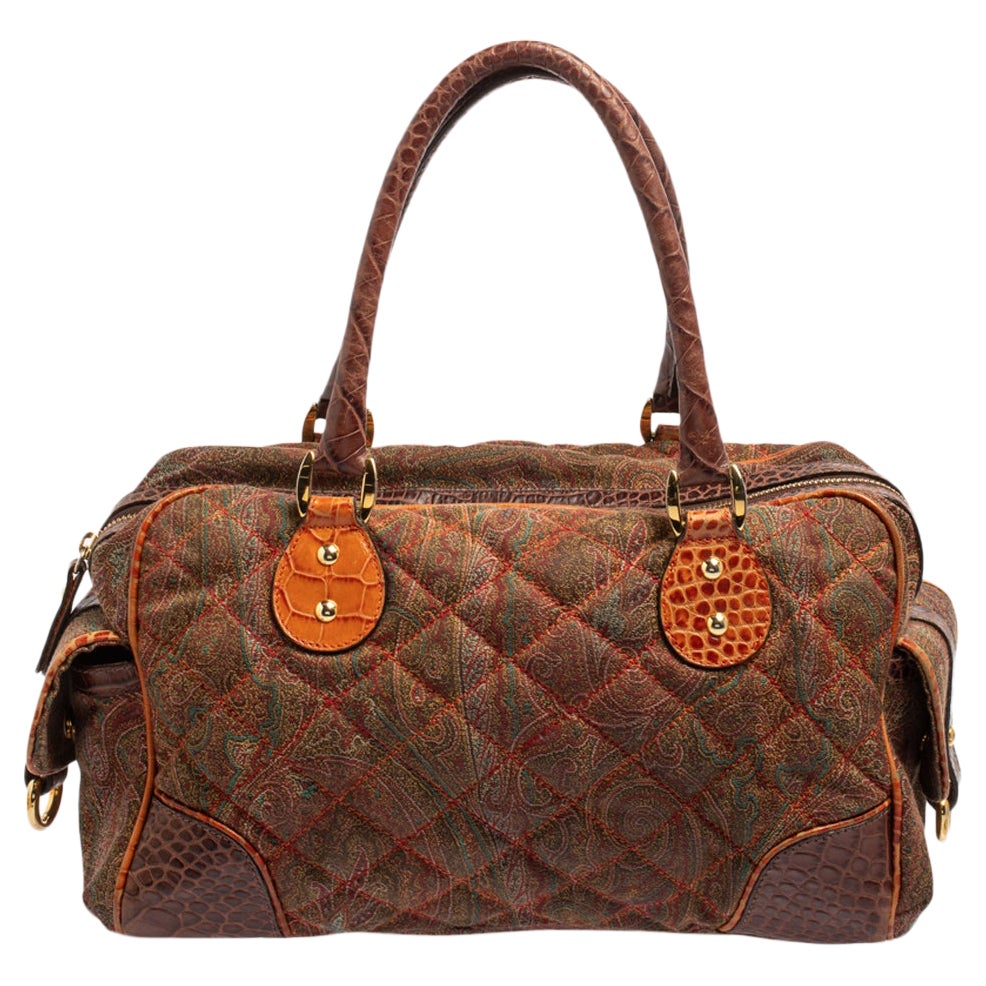 Etro Multicolor Paisley Print Quilted Croc Embossed Leather Side Pock Boston Bag