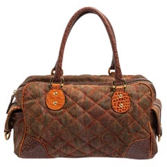 Etro Multicolor Paisley Print Quilted Croc Embossed Leather Side Pock Boston Bag