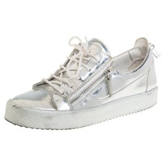 Used Giuseppe Zanotti Silver Leather Lace up Sneakers Size 40