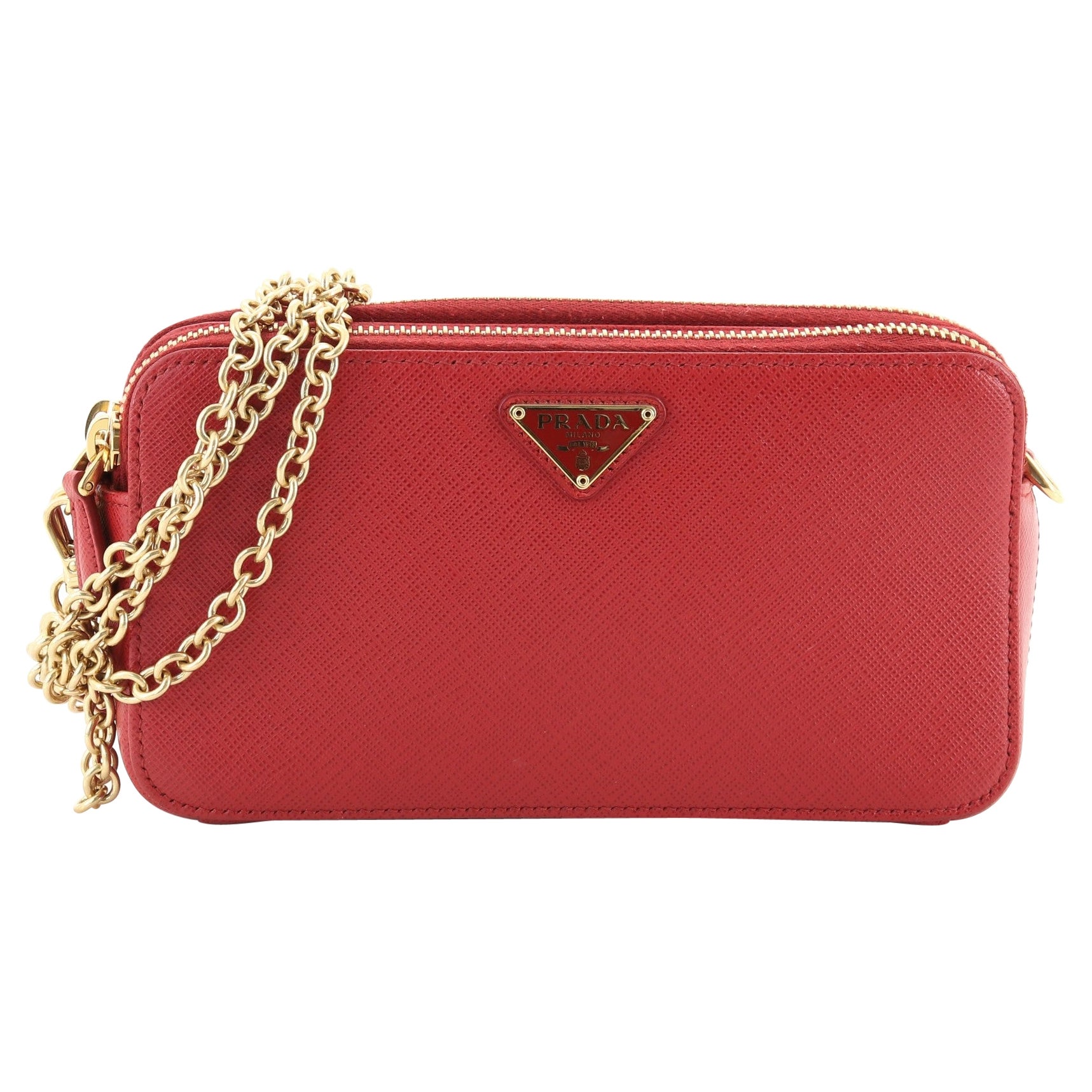 Prada Double Zip Wallet on Chain Crossbody Saffiano Leather Mini Red