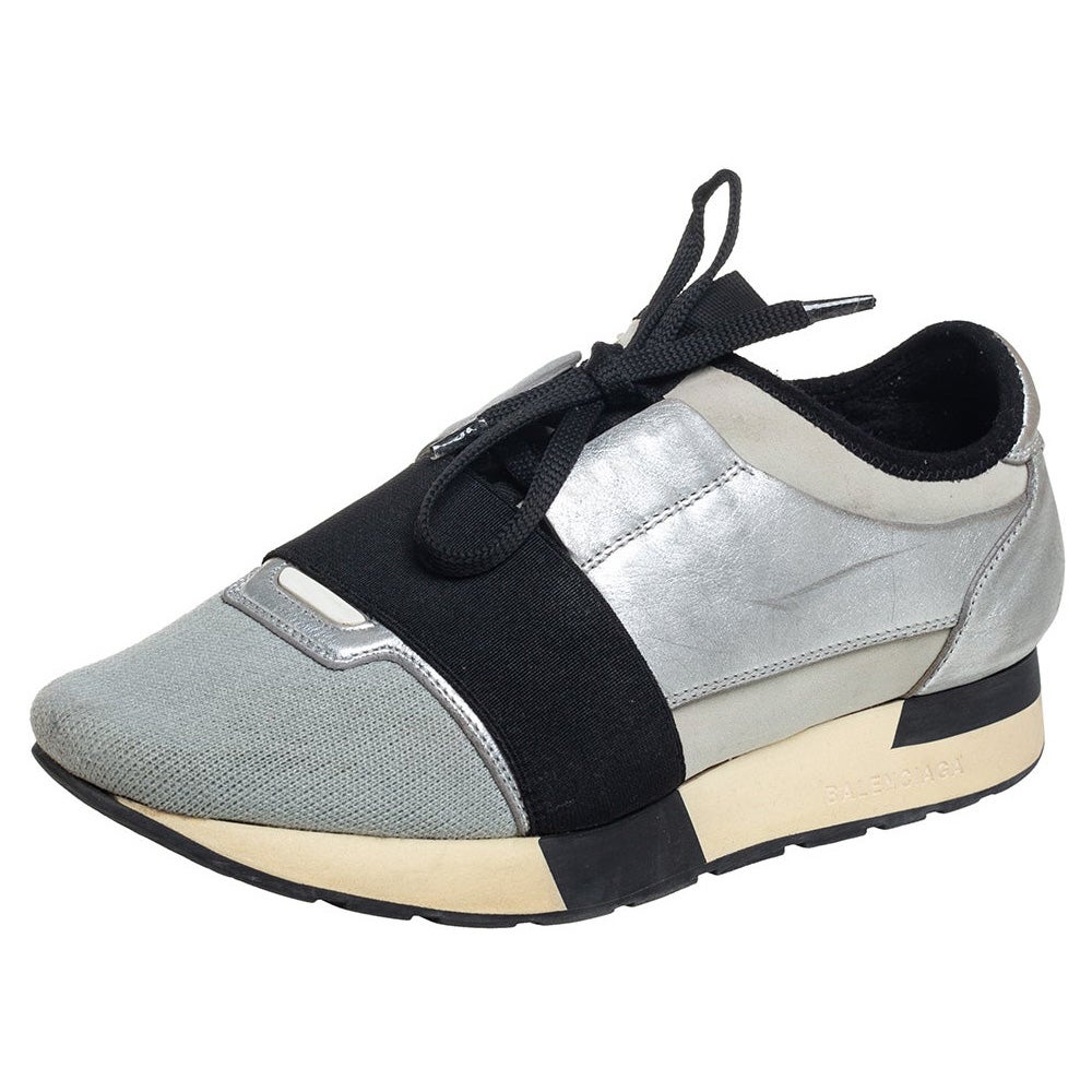 Balenciaga Grey/Silver Leather And Knit Fabric Race Runner Sneakers Size 38 For Sale