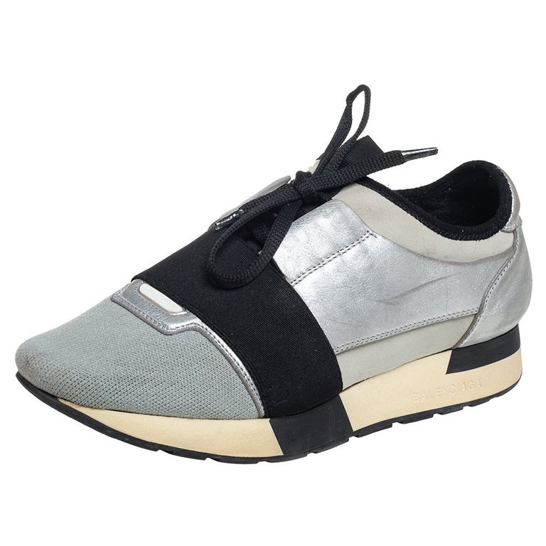 Balenciaga - Baskets de course en cuir et tissu tricoté gris/argenté, taille  38 - En vente sur 1stDibs