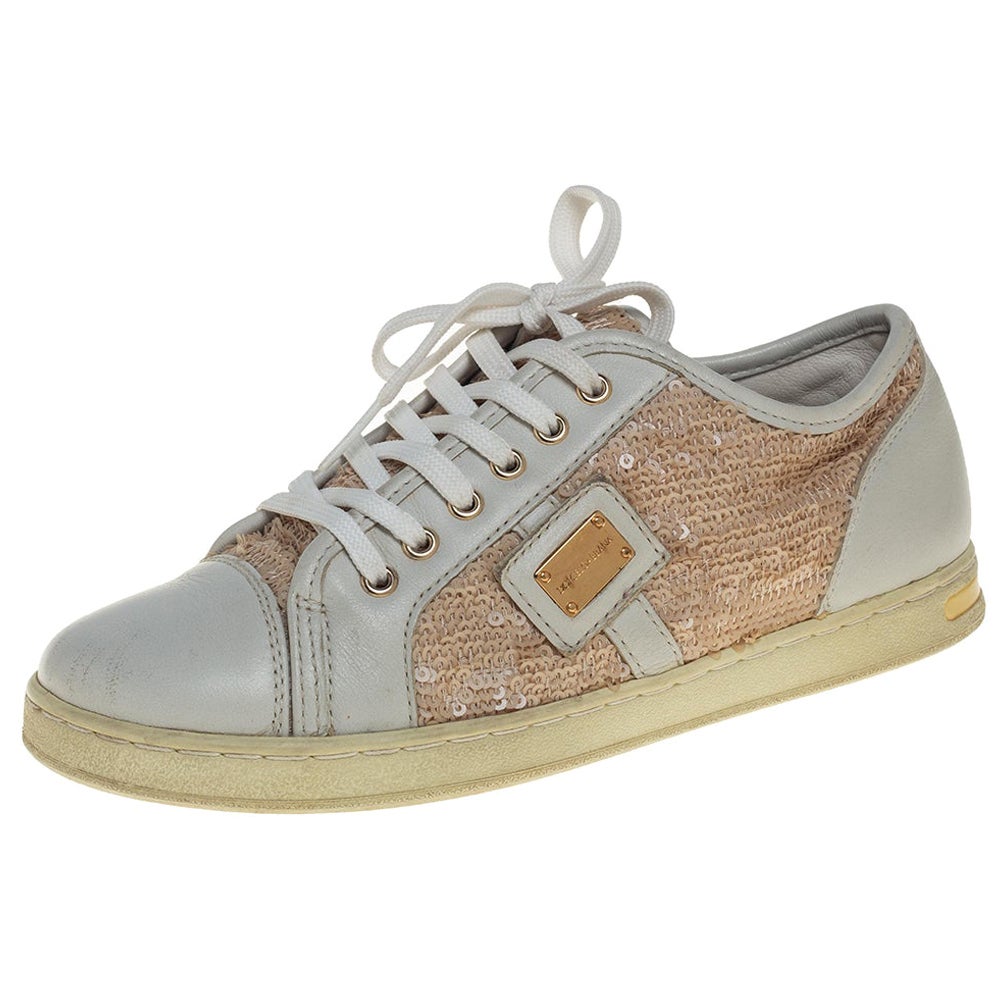Dolce &Gabbana White/Brown Leather Sequin Embellished Sneakers Size 34 For Sale