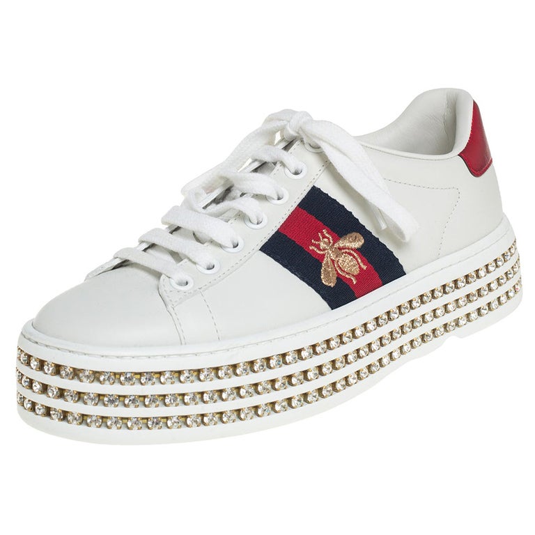 Gucci White Leather Ace Crystal Embellished Platform Sneakers Size 34 at  1stDibs