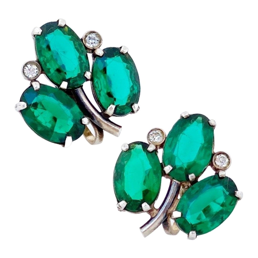 Sterling Silver & Emerald Green Crystal Clover Earrings, 1950s