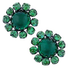 Vintage Emerald Green Rhinestone & Glass Flower Earrings, 1950s