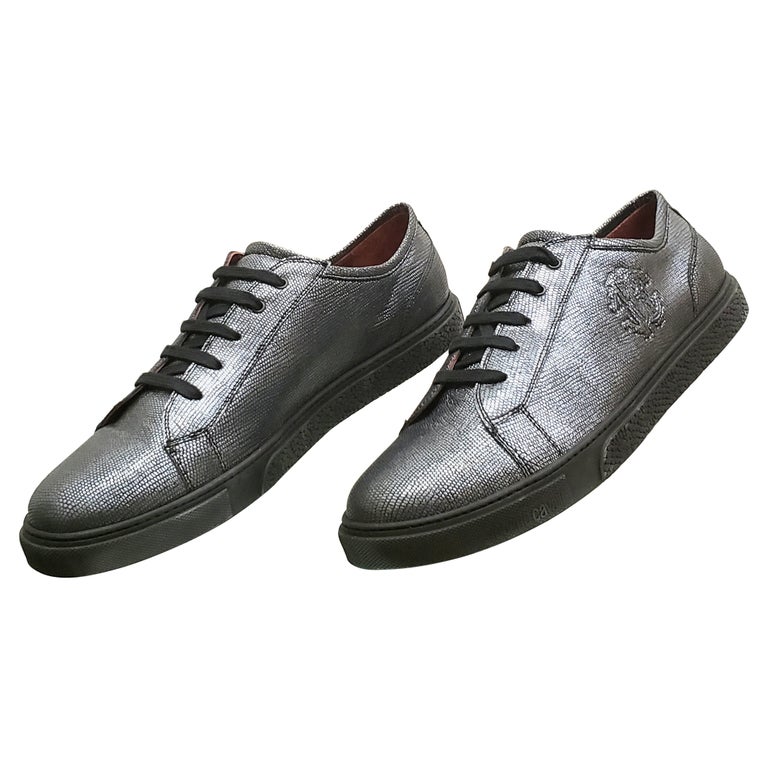 NEW ROBERTO CAVALLI TITANIUM LEATHER and FABRIC SNEAKERS 42.5 - 9.5 For  Sale at 1stDibs