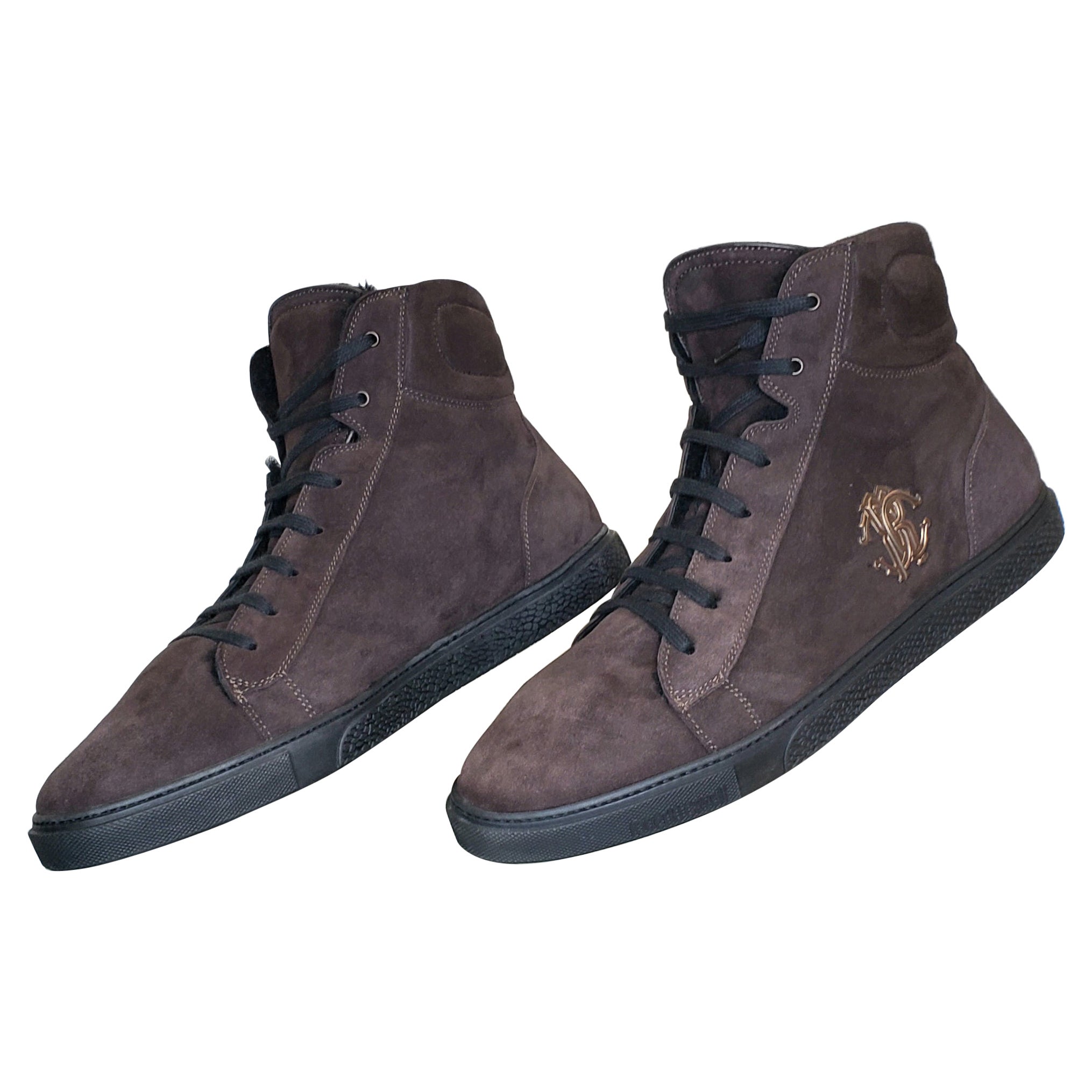 New ROBERTO CAVALLI BROWN SUEDE FUR LINED SHEARLING HIGH TOP SNEAKERS 42.5 -9.5