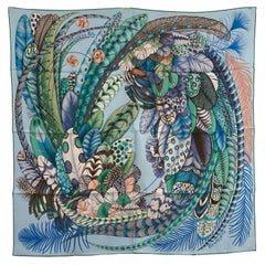 Hermes Plumes en Fete Silk Scarf 90cm New Aline Honoré Ciel Vert