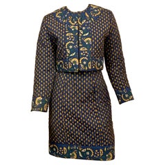 Vintage French Provencial Fabric Blue and Yellow Printed Cotton Quilted Skirt Suit