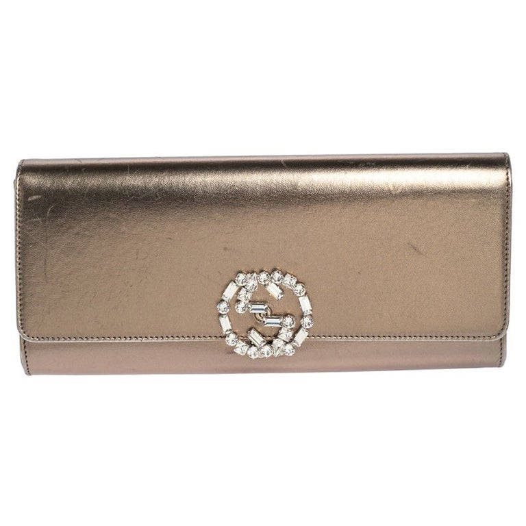 Gucci Metallic Bronze Leather Broadway GG Crystal Clutch For Sale