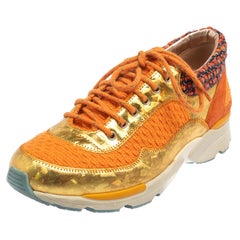 Chanel Orange Tweed And Suede CC Low Top Sneakers Size 36.5