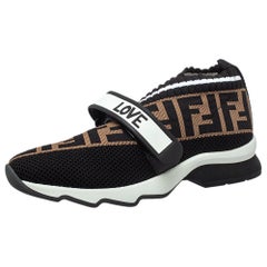 Fendi Brown/Black Knit Fabric And Rubber Strap Rockoko Sneakers Size 35