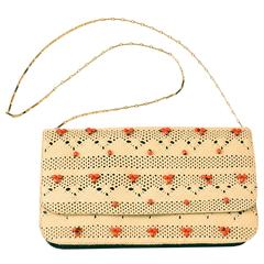 Nancy Gonzales Tan Woven Beaded Clutch with Crocodile Leather