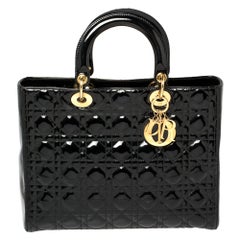 Dior Black Cannage Quilted Patent Leather Large Lady Dior Tote