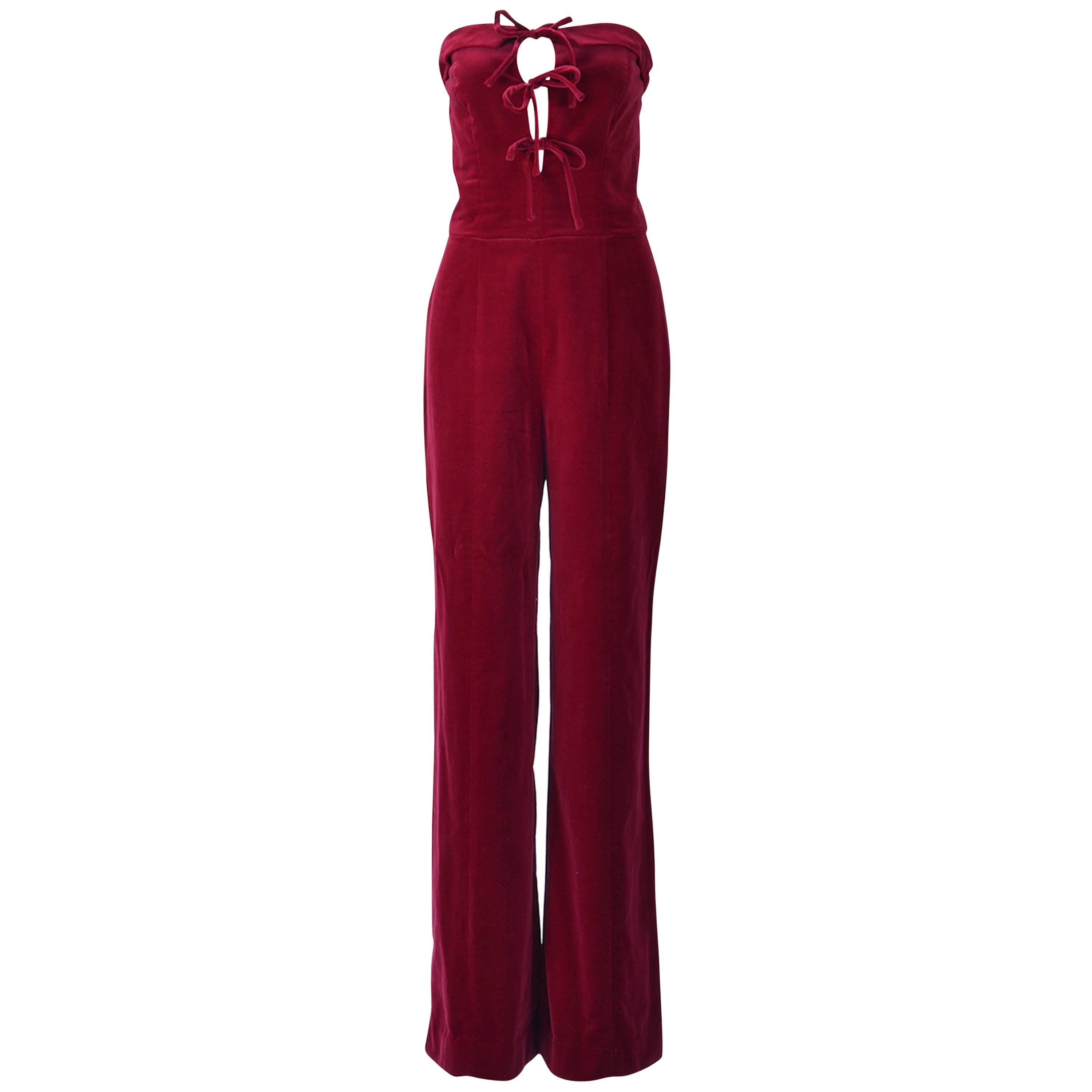 1970s Pizzelli Burgundy Wine Plush Velvet Jumpsuit